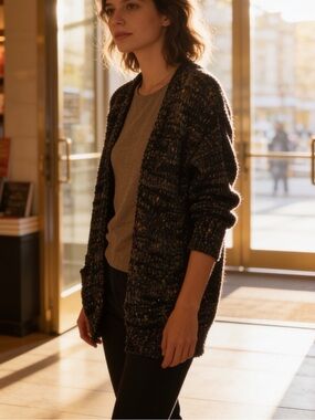 Blakely | Women’s OS Cozy Black Multi-Knit Cardigan Popcorn Sweater | OS